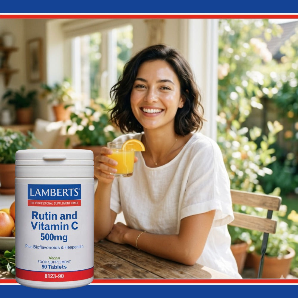 Lifestyle image of lady with orange juice with Lamberts Rutin & Vitamin C 500mg pot