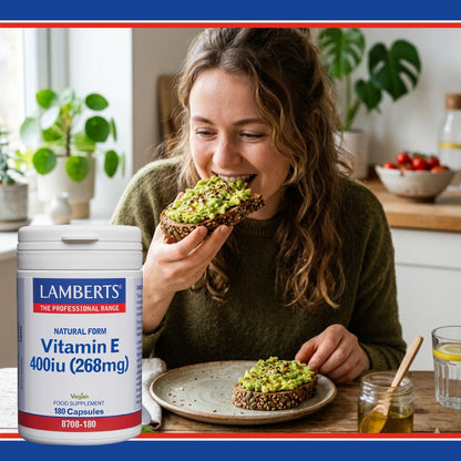 Woman eating avocado toast with a container of Lamberts Vitamin E supplement in the foreground.
